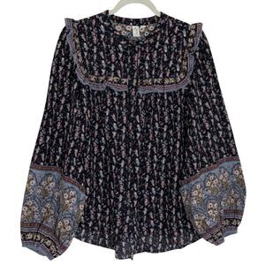 Joie Button Front Tunic Top Shirt Blouse Ruffle Abstract Floral Blue L bv